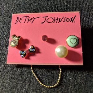 Betsey Johnson Multi Post Earrings-Crystal with Bow,Dog bone,Heart,Pearl